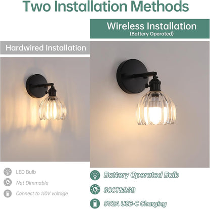Shenmoyl Vintage Battery Operated Wall Sconce with Green Tulip Glass Lampshade Rechargeable Battery Powered Wall Light with Remote Control for Bedside Bedroom Doorway