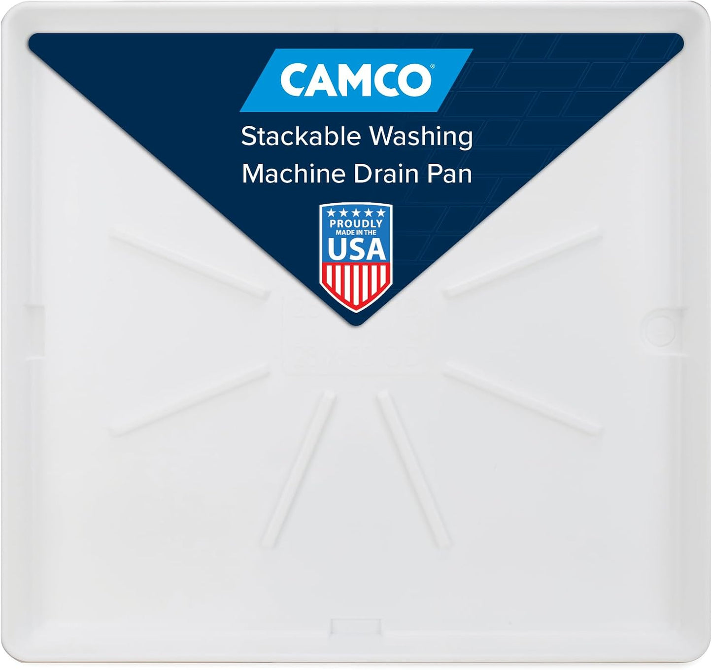 Camco Stackable Washing Machine Drain Pan - Measures 25″ (L) x 27″ (W) ID & 28″ (L) x 30″ (W) x 2 7/16″ (H) OD - Great for Apartment-Sized Washers/Stackable Units - 1"/1.5" PVC Drain Fitting (21006)