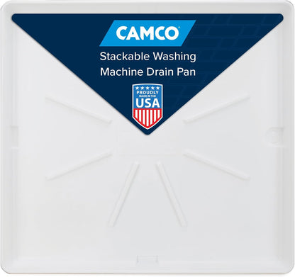 Camco Stackable Washing Machine Drain Pan - Measures 25″ (L) x 27″ (W) ID & 28″ (L) x 30″ (W) x 2 7/16″ (H) OD - Great for Apartment-Sized Washers/Stackable Units - 1"/1.5" PVC Drain Fitting (21006)