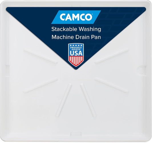 Camco Stackable Washing Machine Drain Pan - Measures 25″ (L) x 27″ (W) ID & 28″ (L) x 30″ (W) x 2 7/16″ (H) OD - Great for Apartment-Sized Washers/Stackable Units - 1"/1.5" PVC Drain Fitting (21006)