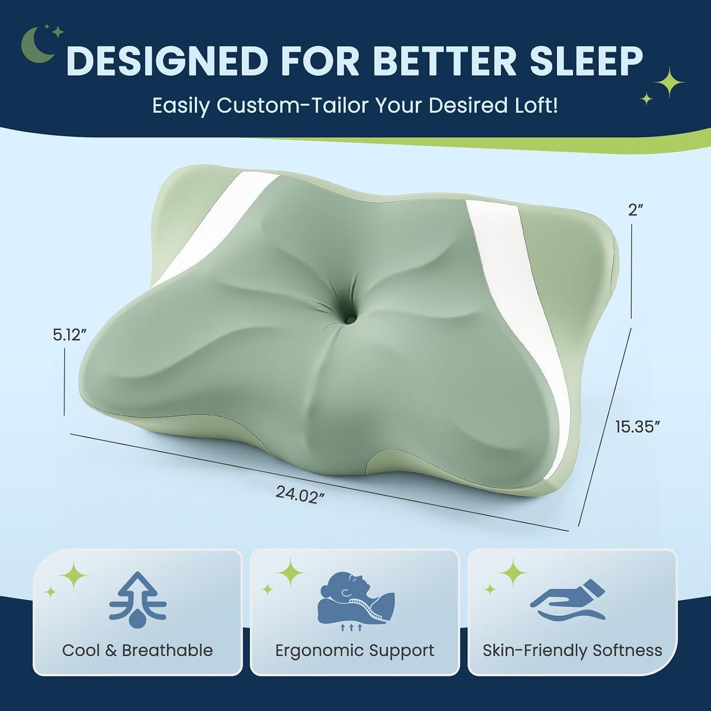 Sweetcrispy Cervical Pillow for Neck and Shoulder - Ergonomic Memory Foam Pillows, Contour Side Sleeper for Adults, Cooling Orthopedic Neck Support for Back Stomach Sleepers, White