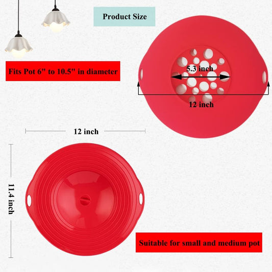Silicone Boil Over Spill Stopper Lid - FDA Food Grade, BPA-free Instant Pot Cover Fits Openings 6" to 10" (Red)