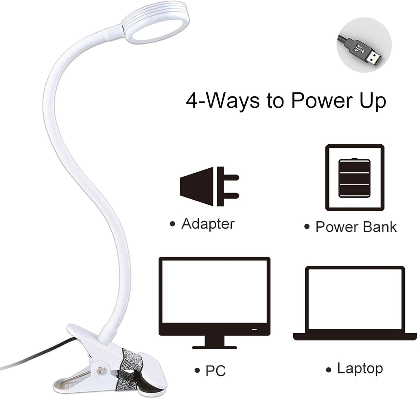 LEPOWER Clip on Light, Book Reading Lamp for Desk, Bed Headboard and Dorm | Adjustable Gooseneck, Color & Brightness Changeable, Adapter Included, LED Table Lamp for Computer, Bedside, Metal, White