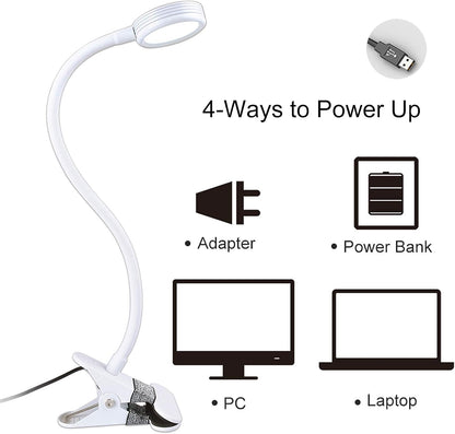 LEPOWER Clip on Light, Book Reading Lamp for Desk, Bed Headboard and Dorm | Adjustable Gooseneck, Color & Brightness Changeable, Adapter Included, LED Table Lamp for Computer, Bedside, Metal, White