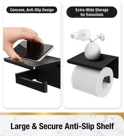 HITSLAM Toilet Paper Holder Matte Black, Adhesive Wall Mount, No Rotation | Heavy Duty Metal | anti rotation slot | vertical or horizontal setup |rustproof matte black finish|Bathroom Tissue Dispenser