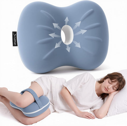 Knee Pillow for Side Sleepers - Cooling Pillow Between Legs for Side Sleeping - Memory Foam Knee Pillow with Strap for Hip Pain & Spine Alignment (Blue)