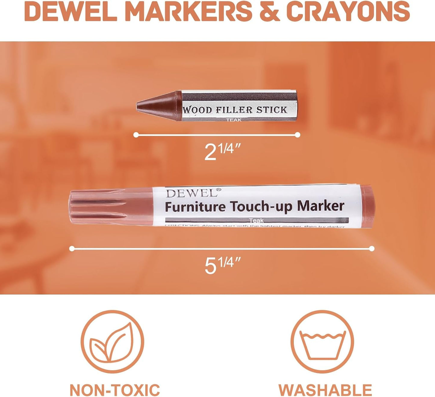 DEWEL Furniture Touch Up Markers, 17-Piece Wood Repair Kit with Wax Sticks | 8 Wood Touch Up Markers + 8 Wax Filler Sticks + Sharpener; Maple, Oak, Cherry, Walnut, Mahogany, White, Gray & Black
