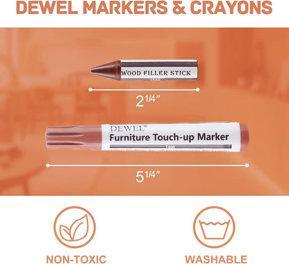 DEWEL Furniture Touch Up Markers, 17-Piece Wood Repair Kit with Wax Sticks | 8 Wood Touch Up Markers + 8 Wax Filler Sticks + Sharpener; Maple, Oak, Cherry, Walnut, Mahogany, White, Gray & Black