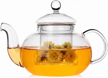 1000ml(33.8oz) Borosilicate Glass Teapot with Removable Glass Infuser, Stovetop Safe Large Tea Kettle for Blooming Tea & Loose Leaf Tea