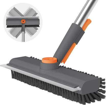 AIR U+ Floor Scrub Brush with Long Handle, 3-in-1 Rotating Head & Squeegee | Stiff Dual-Sided Bristle Scrubber for Shower, Bathroom, Kitchen and Patio, 30–50 In Handle for Easier Stand-up Cleaning