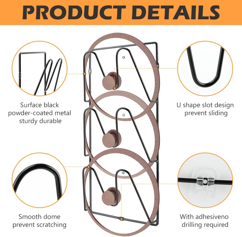 Pot Lid Organizer 2 Pack, Wall Mount Cabinet Door Lid Rack | 3-tier iron racks for pot lids, pan lids, baking sheets, trays, and cutting boards; adhesive or screw mount