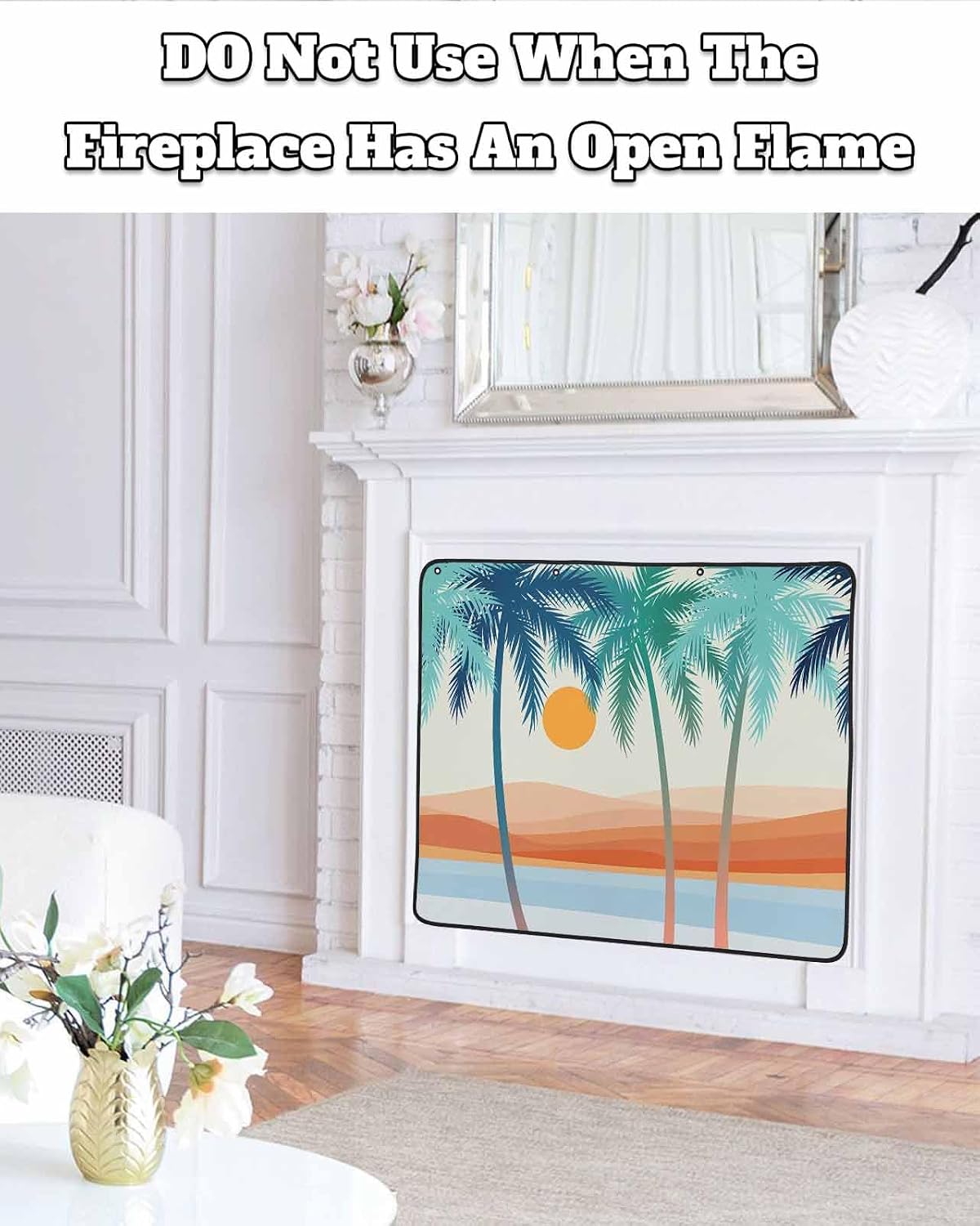 Magnetic Fireplace Cover Boho Summer Beach Fireplace Screen Decorative Mount Coconut Tree Bohemian Insulation Fireplaces Blocker Save Energy Fireplaces Draft Stopper Covers for Living Room 45x34