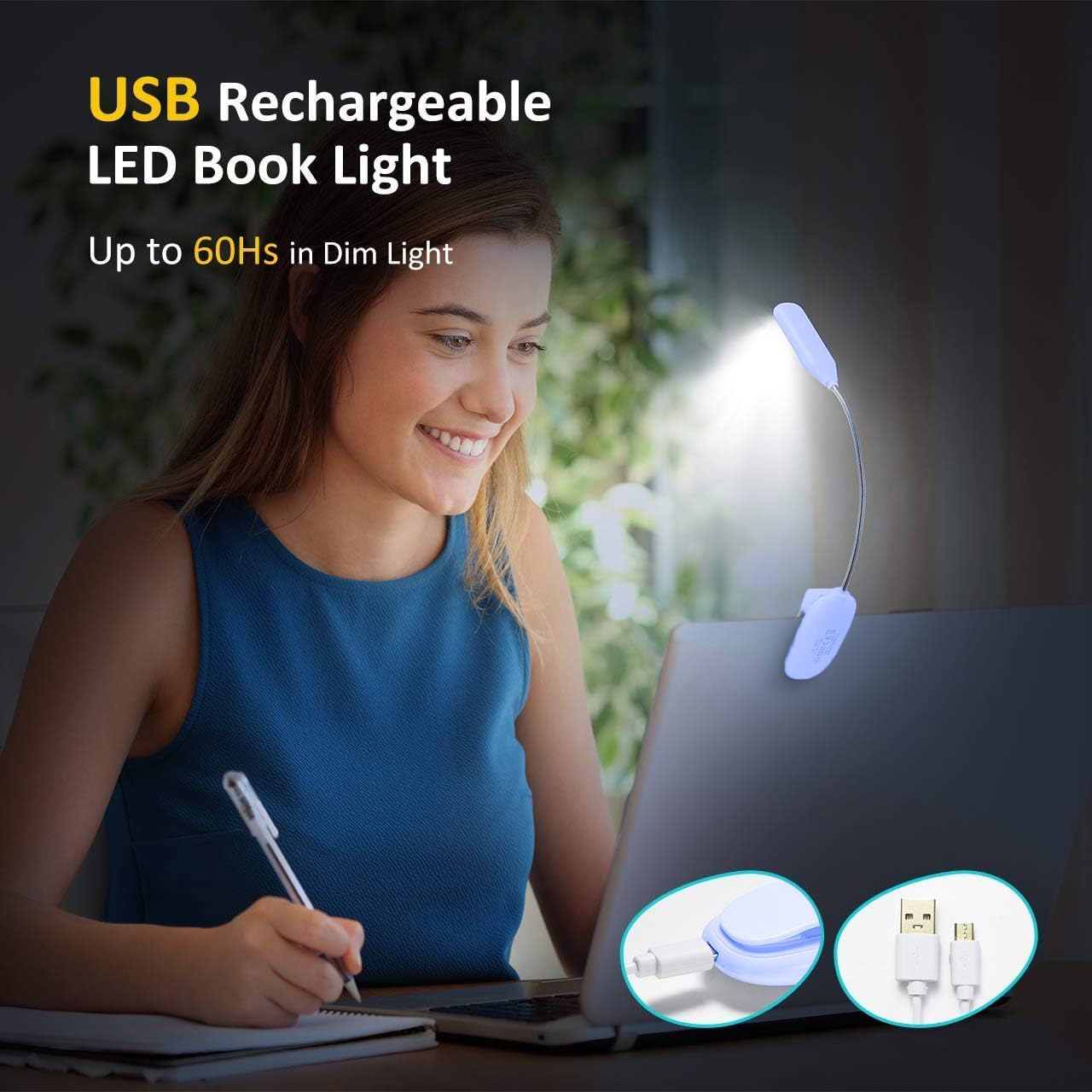 Mini Book Light, Rechargeable Up to 60 Hours, 9-Level Brightness, Easy Clip On Lamp for Night Reading in Bed, Eye Protection Table Light for Bookworms, Kids