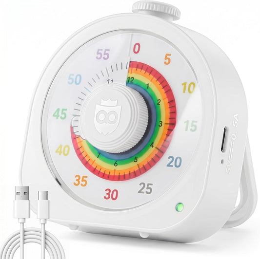 Visual Timer for Kids, Rechargeable Rainbow 60-Min/12-Hour Countdown, White
