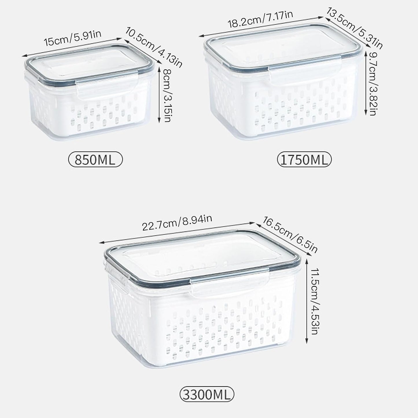 3 Pack Fruit Storage Containers for Fridge with Removable Colander – Airtight Produce Storage Containers with Lids, BPA-Free Berry Keeper for Vegetables, Lettuce & Meal Prep (29oz+59oz+112oz)