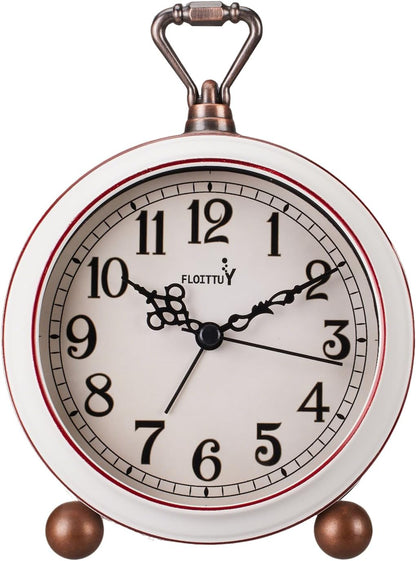 FLOITTUY 4.5" Battery Operated Antique Retro Analog Metal Alarm Clock, Silent Bedside Desk Clock, Wall-Hanging Vintage Clock(Exquisite Bronze)