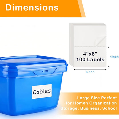 4x6 Inch Removable Storage Bin Labels, 100 Pcs (50 Sheets) Labels for Storage Bins with 1 Marker, Water Oil Tear Resistant No Residue Matte White Labels for Home Office School Business Storage Bins