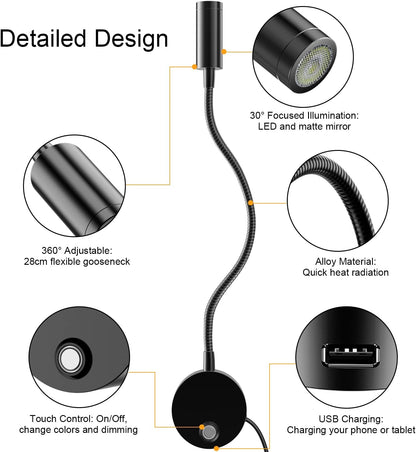 Wall Mounted LED Reading Light with 15" Flexible Gooseneck, Dimmable Book Light for Reading In Bed with USB Charging Port, Plug In Headboard Night Lights, 3 Colors Temperature, Touch Control-2 Pack