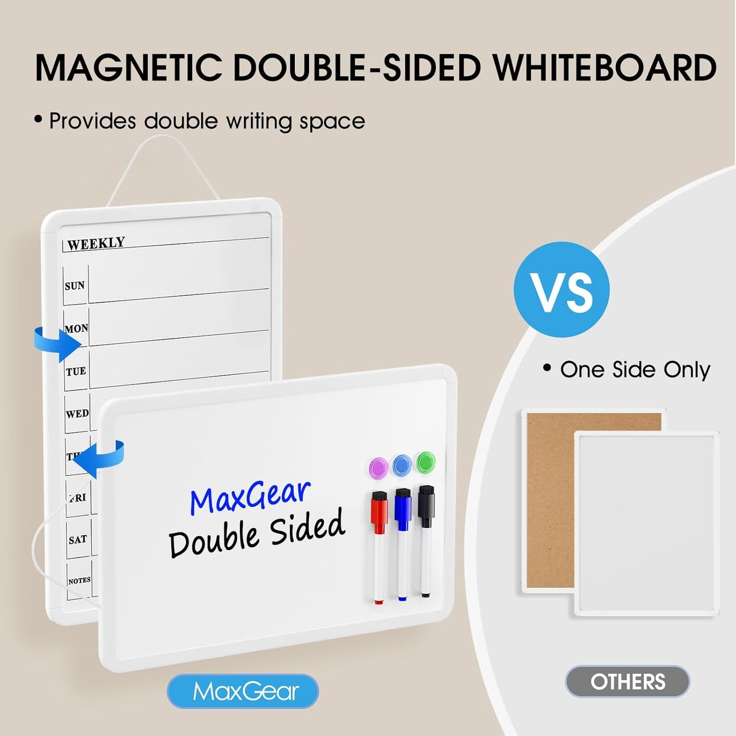 MaxGear Weekly Dry Erase Calendar Board, 11" x 17" Magnetic Whiteboard | Double-Sided Wall Planner: Weekly Calendar on One Side, Blank Whiteboard on The Other, Includes 3 Color Markers and Magnets