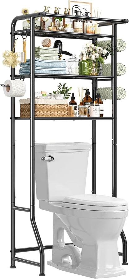 Simple Trending Over The Toilet Storage Cabinet, Metal Bathroom Shelf Organizer with Paper Holder and Hooks, 3 Tier, Black