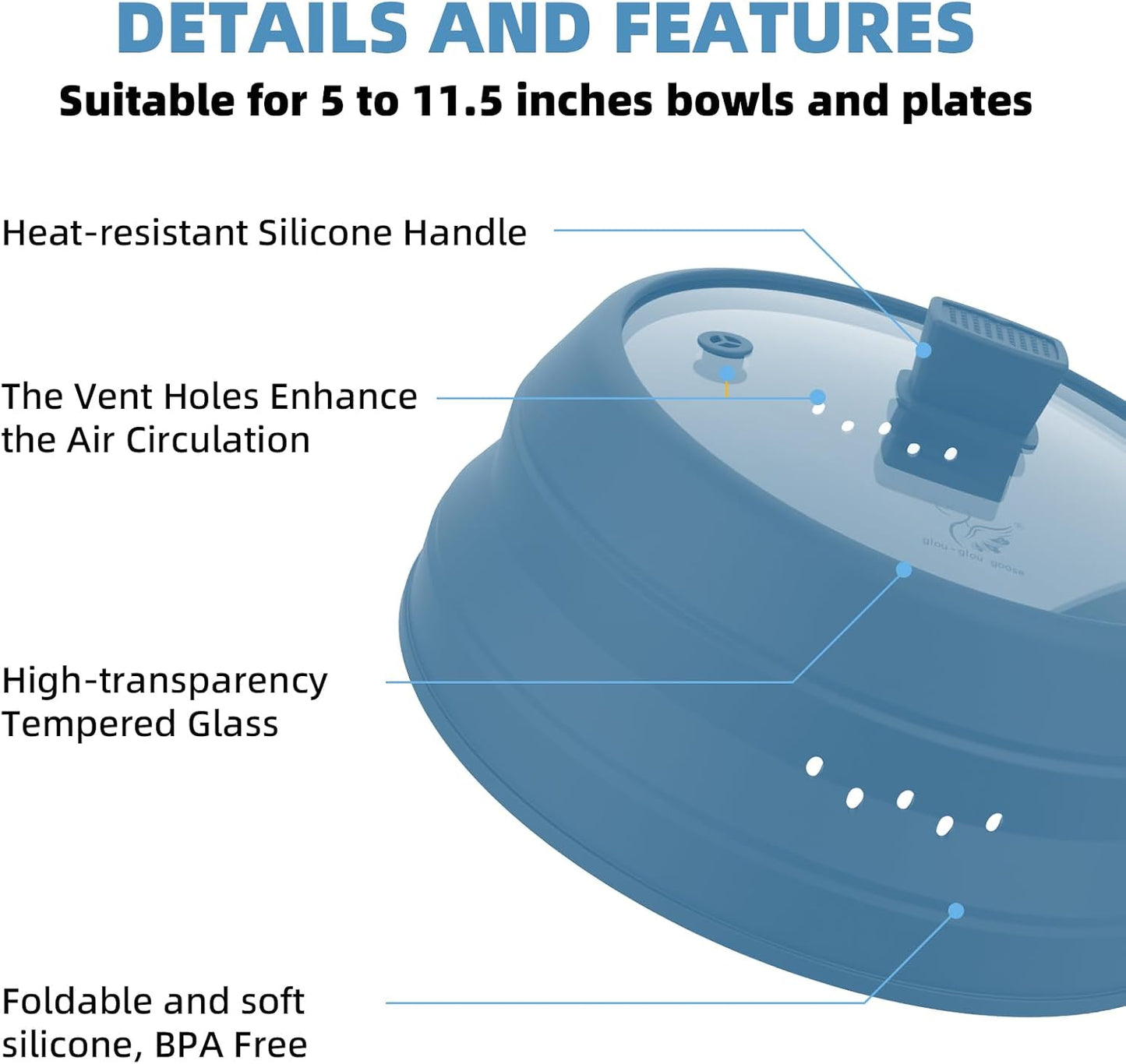 Microwave Splatter Cover Glass Guard Lid with Collapsible Silicone for Food Pot Plate Cover 9.8 inch Dark Blue