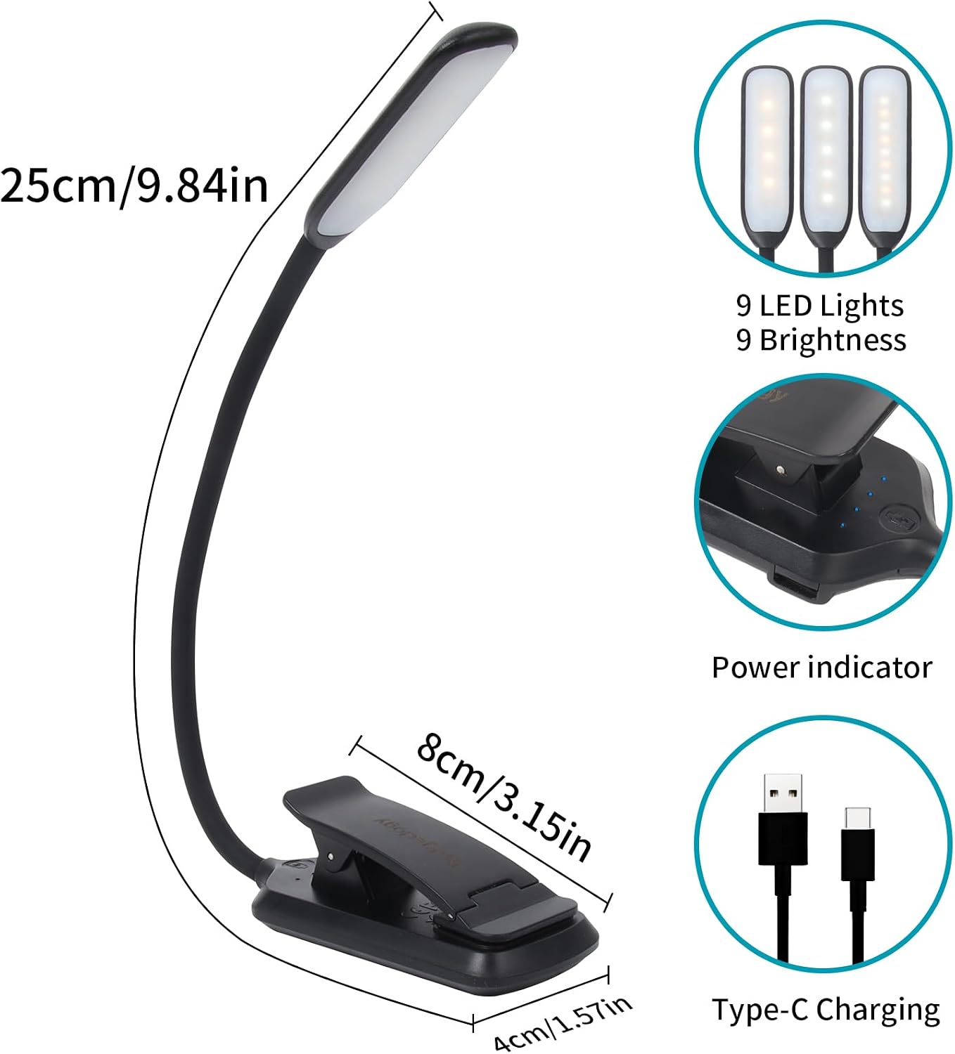 24 Led Rechargeable Book Light for Reading in Bed-Eye Caring 3 Color Temperatures,80 Hrs Runtime Lightweight Clip-On Lamp, Perfect for Kids, Book Lovers, and Student Gifts(Black, Rotating)