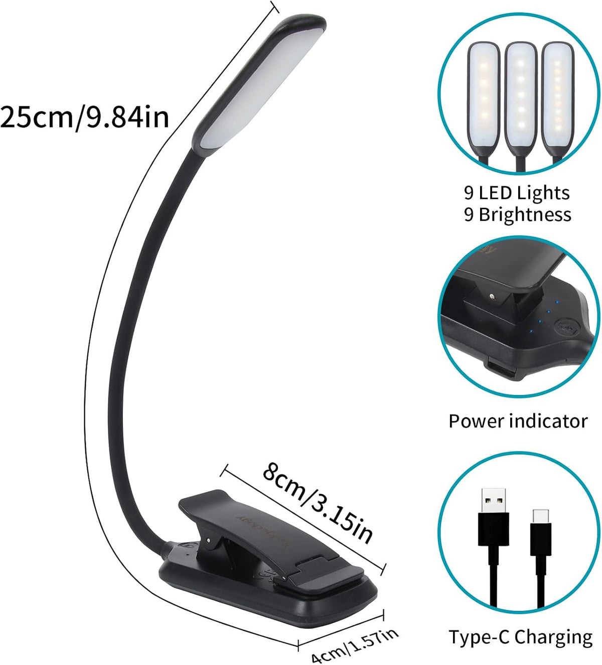 Rechargeable Book Light, Clip-On LED Reading Light, Eye-Caring