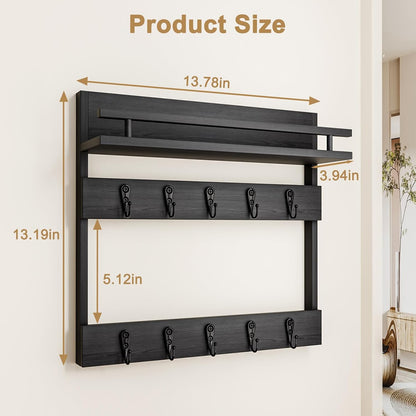 Two-Tier Wall Key Holder with Shelf,Wooden Key Holder Wall Mount | 4 in 1 Coat and Key Hanger with 10 Metal Hooks,Entryway Key Holder with Shelf,Mail Holder for Wall,Mail Organizer