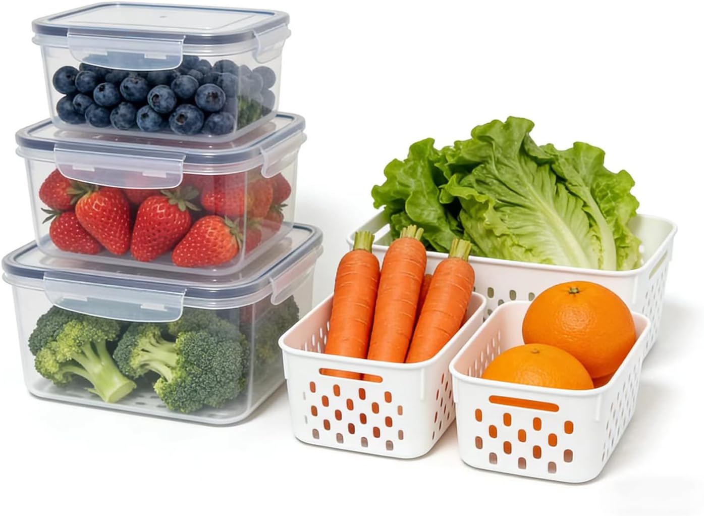 2-in-1 Stackable Food Storage Containers with Lids Airtight, 3 Size Fruit Vegetable Fresh-Keeping Saver with Drain Basket, BPA-Free Fridge Organizer for Berry, Salad, Meat & Produce