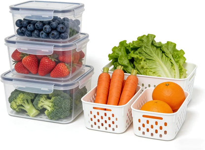 2-in-1 Stackable Food Storage Containers with Lids Airtight, 3 Size Fruit Vegetable Fresh-Keeping Saver with Drain Basket, BPA-Free Fridge Organizer for Berry, Salad, Meat & Produce