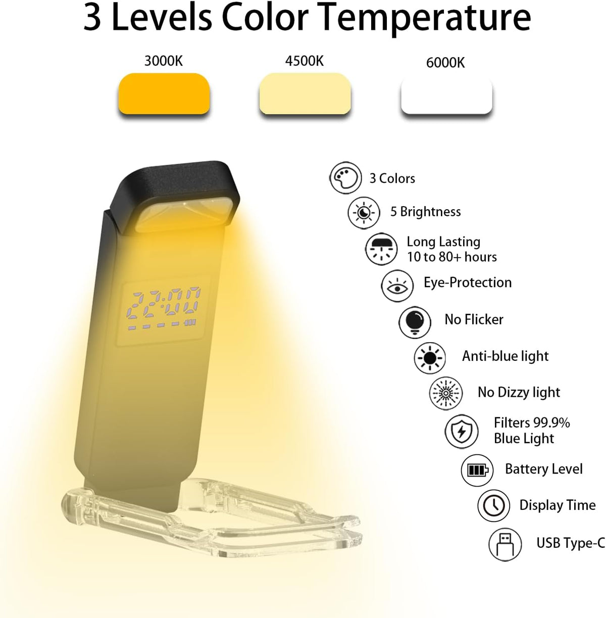 SFV Digital Book Lights for Reading at Night, USB Rechargeable Reading Lights for Books in Bed Clip-on, 3 Colors & 5 Brightness Dimmable, Compact & 80H Long Lasting for Book Lovers, Kids, Violet