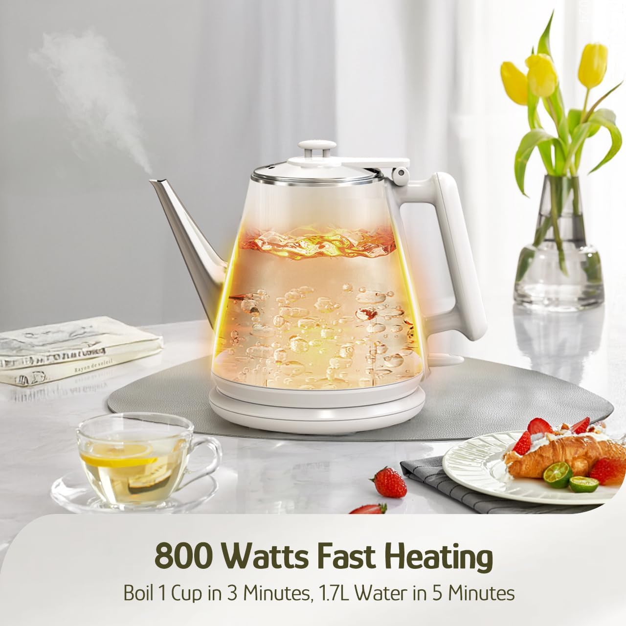Hazel Quinn Electric Kettle, 1L/34oz Small Tea Kettle - Pearl White | 800W Fast Boil, 304 Stainless Steel Interior, Double-Wall Cool Touch, Gooseneck Spout, Auto Shut-Off, BPA-Free Cordless Home