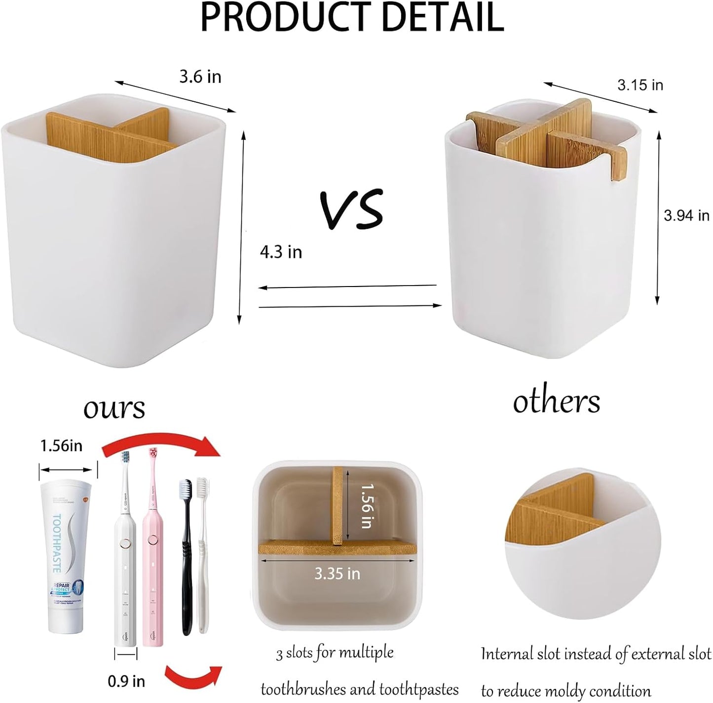 Bamboo Toothbrush Holder for Bathrooms Toothpaste Organizer - Black | Detachable Inserts, 3 Slots, Bathroom Counter Organizer, for Kids Electric Toothbrushes, Floss, Razors