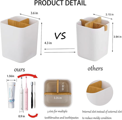 Bamboo Toothbrush Holder for Bathrooms Toothpaste Organizer - Black | Detachable Inserts, 3 Slots, Bathroom Counter Organizer, for Kids Electric Toothbrushes, Floss, Razors