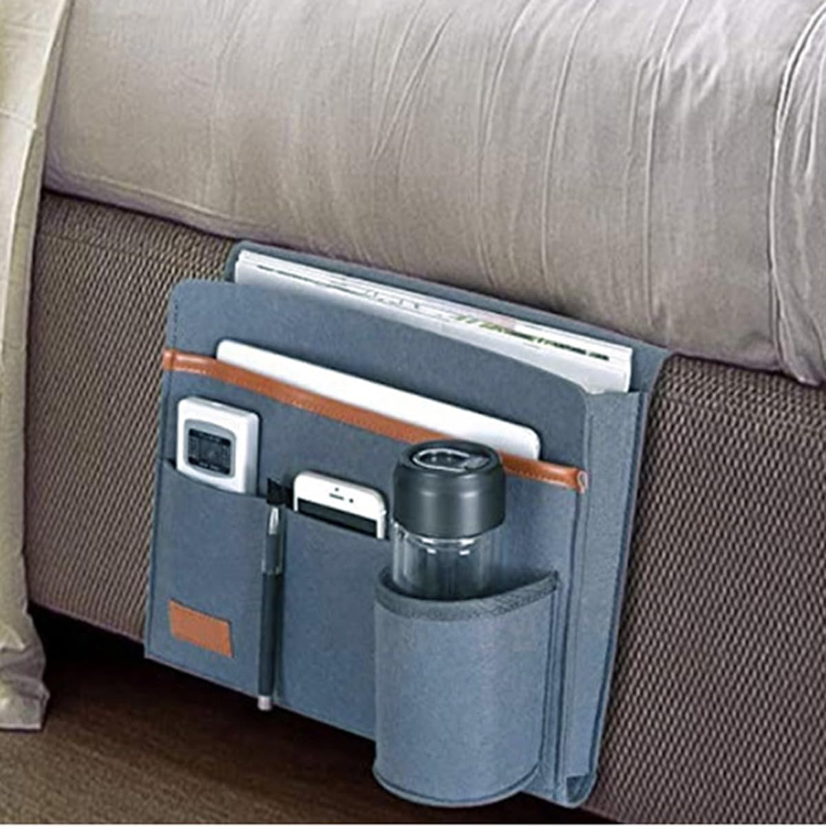 Bringsine 5 Pockets Bedside Caddy, Felt Bed Storage Organizer Hanging Bag Holder for Magazine Book Phone Tablet iPad Cables Remote and Glasses Holder Home Dorm Bed Sofa-Black