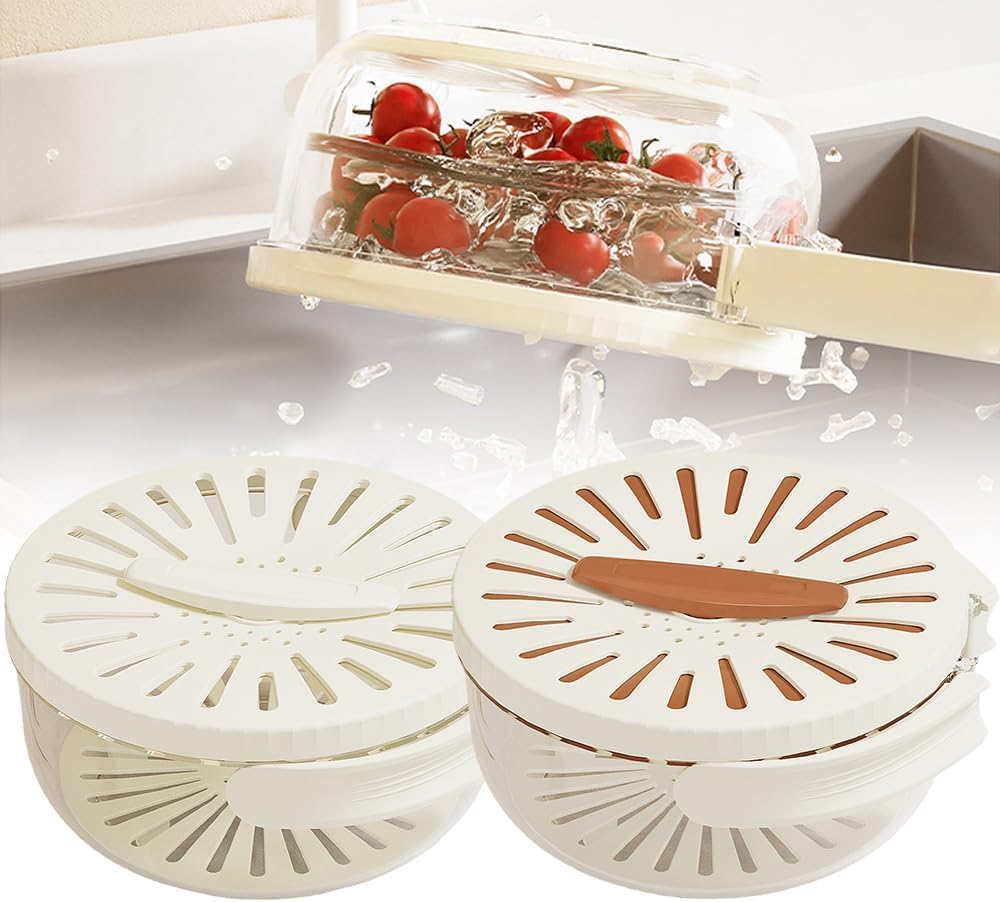 Fruit Washing Wowl with Strainer, 2026 New Multipurpose Drain Basket with Lid, 2 in 1 Fruit Drainer Container with Foldable Handle for Refrigerator Kitchen (White, 1PCS)