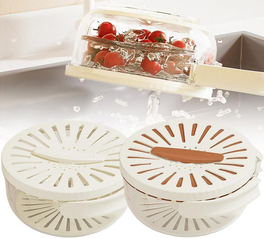 Fruit Washing Wowl with Strainer, 2026 New Multipurpose Drain Basket with Lid, 2 in 1 Fruit Drainer Container with Foldable Handle for Refrigerator Kitchen (White, 1PCS)