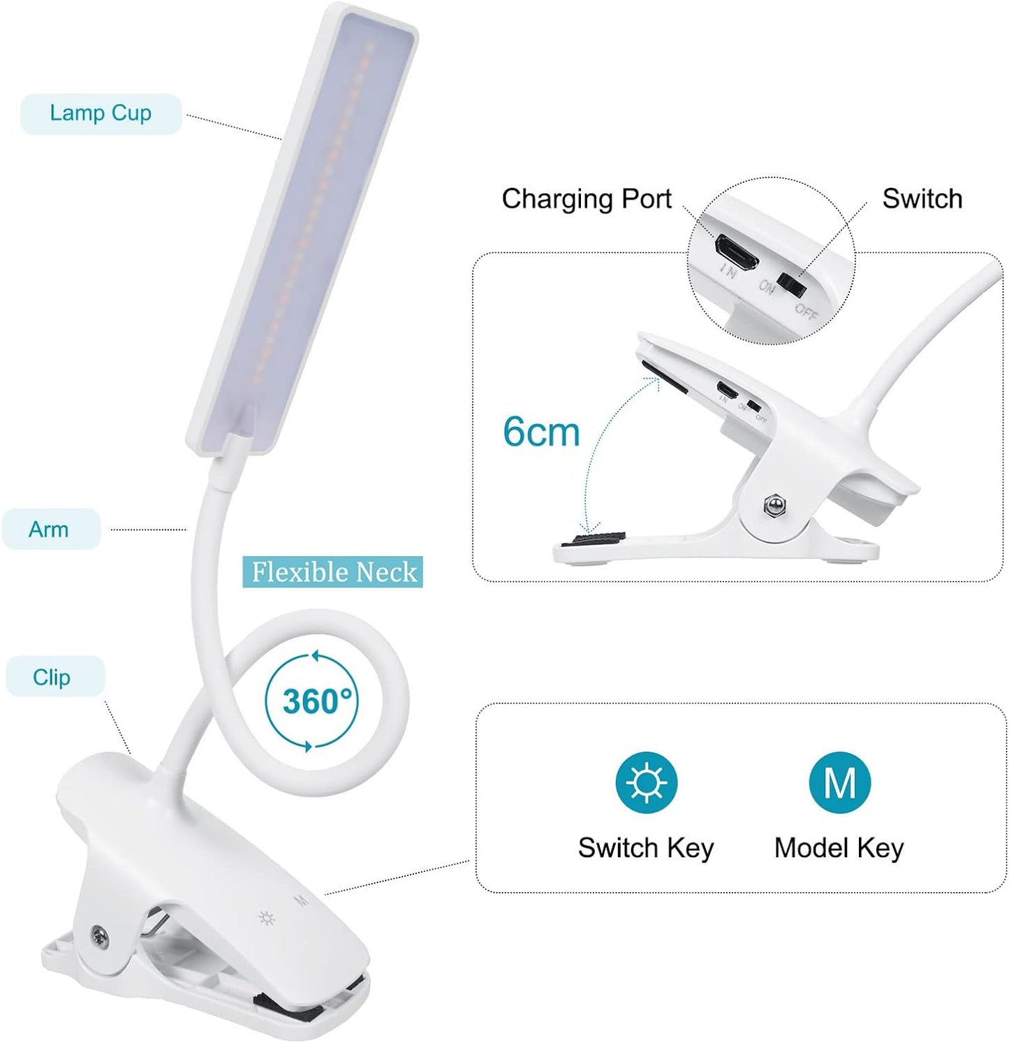 LED Reading Light with Clip USB Rechargeable Book Lights, 24 LEDs Flexible Neck Night Bed Lamp, Touch Control Portable Clamp Desk Lamps for Bed Headboard, Computers -Black