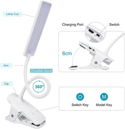 LED Reading Light with Clip USB Rechargeable Book Lights, 24 LEDs Flexible Neck Night Bed Lamp, Touch Control Portable Clamp Desk Lamps for Bed Headboard, Computers -Black