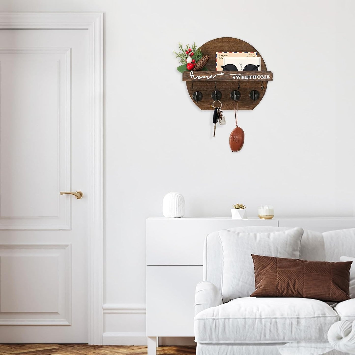 Key Holder for Wall, Key and Mail Holder Organizer - Key Holder Wall Mount with Bouquet Shelf and Key Hooks, Round Wooden Rustic Key Rack for Entryway and Home Decor (Black)