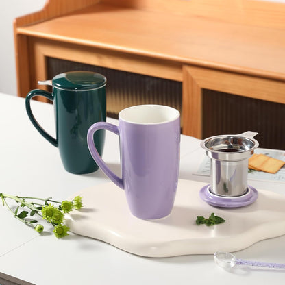 Sweejar Porcelain Tea Infuser Mug with Lid, 16 oz Teacup with Strainers for Loose Leaf Tea, Microwave and Dishwasher Safe Coffee Mug(Purple)