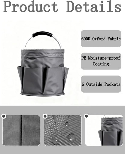 Cleaning Caddy with Handle, for Cleaning Supplies Organizer Bucket | Foldable Storage Tote with 6 Pockets,17L Large Capacity Basket for Household Organizer,Laundry Room,Bathroom & Home