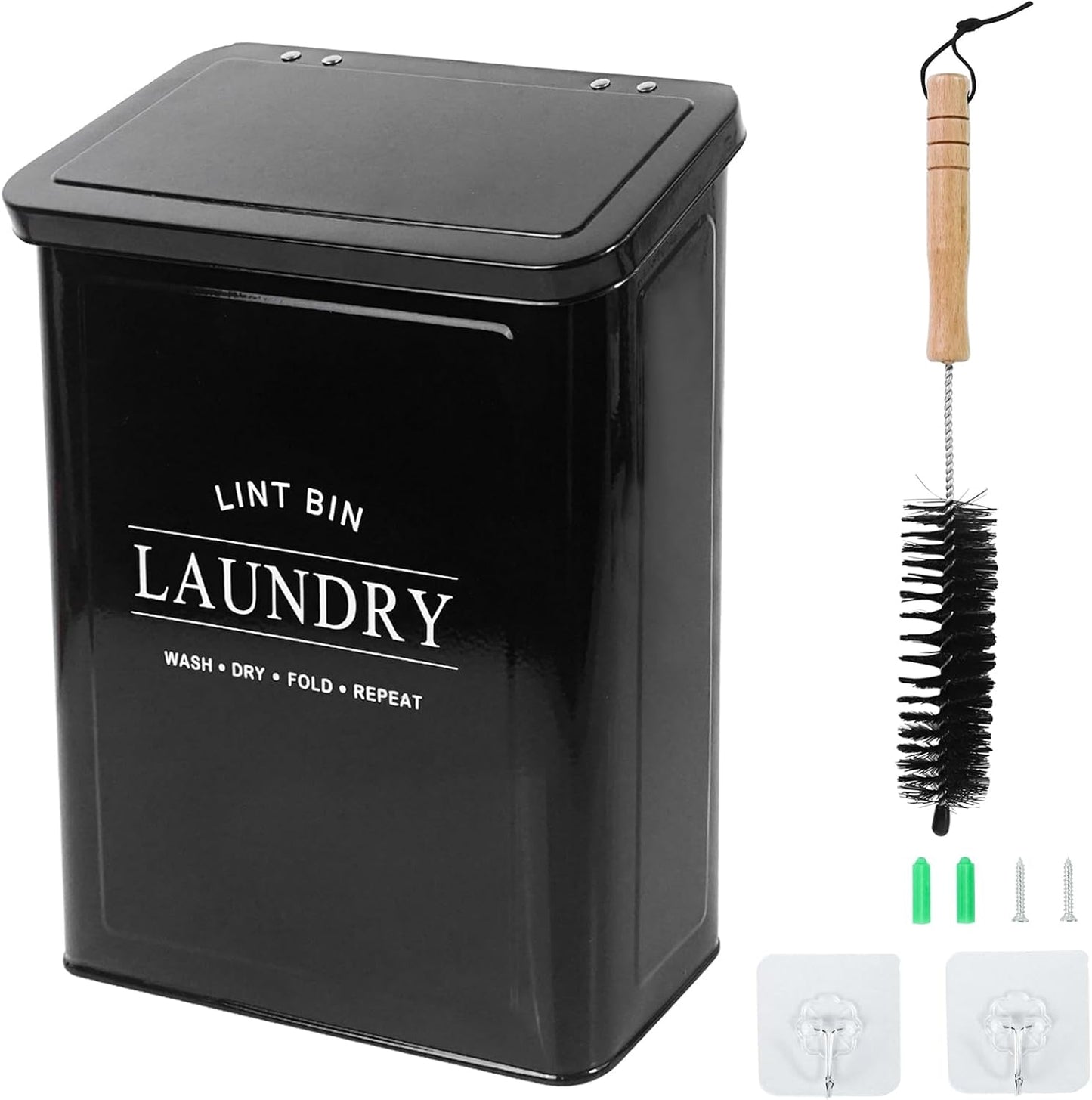 DreamsEden Laundry Lint Bin with Brush, Magnetic Wall Mount Container, 7 x 10 inch Steel Lint Collector 3.5L Storage Holder Organizer for Dryer Sheets Wool Balls Laundry Pods (Black)