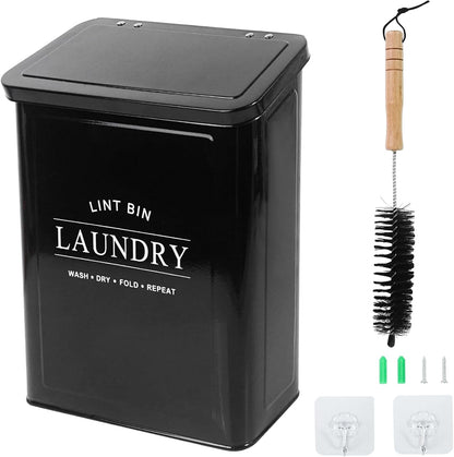 DreamsEden Laundry Lint Bin with Brush, Magnetic Wall Mount Container, 7 x 10 inch Steel Lint Collector 3.5L Storage Holder Organizer for Dryer Sheets Wool Balls Laundry Pods (Black)