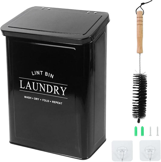 DreamsEden Laundry Lint Bin with Brush, Magnetic Wall Mount Container, 7 x 10 inch Steel Lint Collector 3.5L Storage Holder Organizer for Dryer Sheets Wool Balls Laundry Pods (Black)