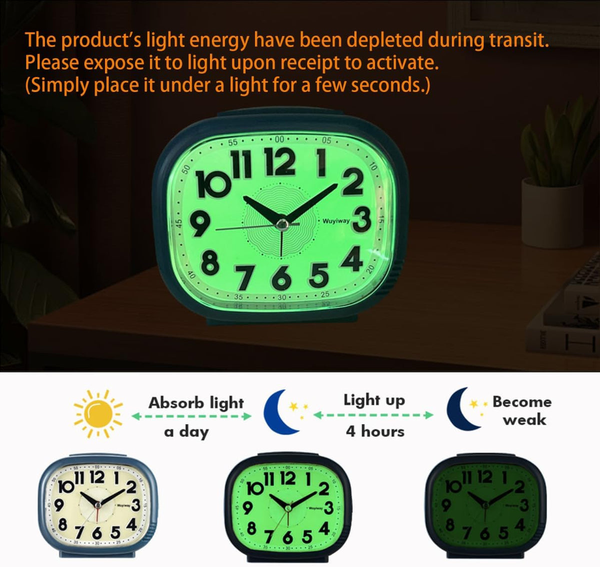 Vintage Retro Analog Alarm Clock, Battery Operated, Readable for Seniors，Silent No Ticking, Glow in Dark Dial, Lighted on Demand and Snooze, Blue, 4.7" x 3.9" x 2.7"
