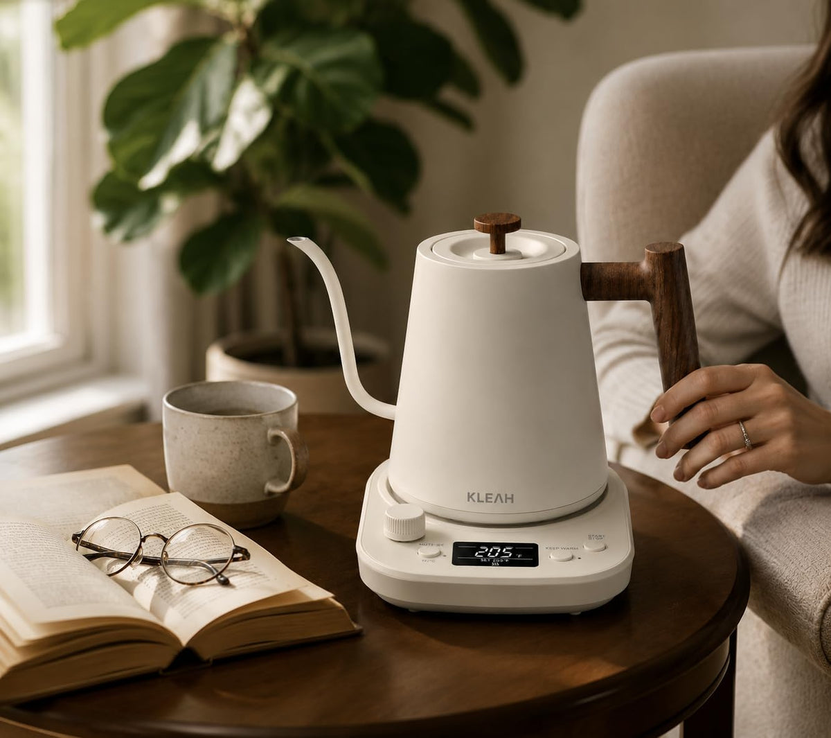 KLEAH Gooseneck Electric Kettle with Temperature Control - 0.8L Automatic Shut Off Tea & Coffee Kettle, Hot Water Boiler Pour Over Coffee Kettle, 1200W Quick Heating Keep Warm, Bone White