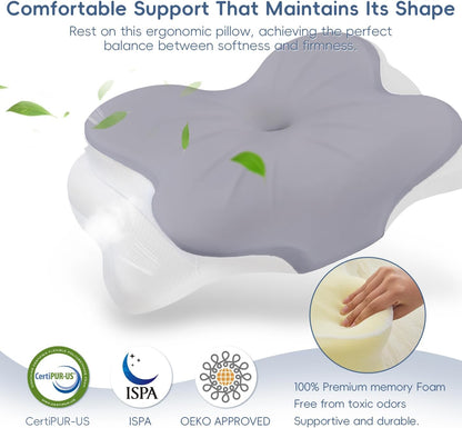 Cervical Neck Pillow,Memory Foam Pillow with Dual Height, Grey