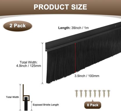 M METERXITY 2Pack Door Sweep - 39" Door Bottom Brush Heavy Duty Seal Draft Stopper Aluminum Base with 20mm Brush, Adhesive/Screw Installation for Interior/Exterior/Garage/Sliding Doors, Black