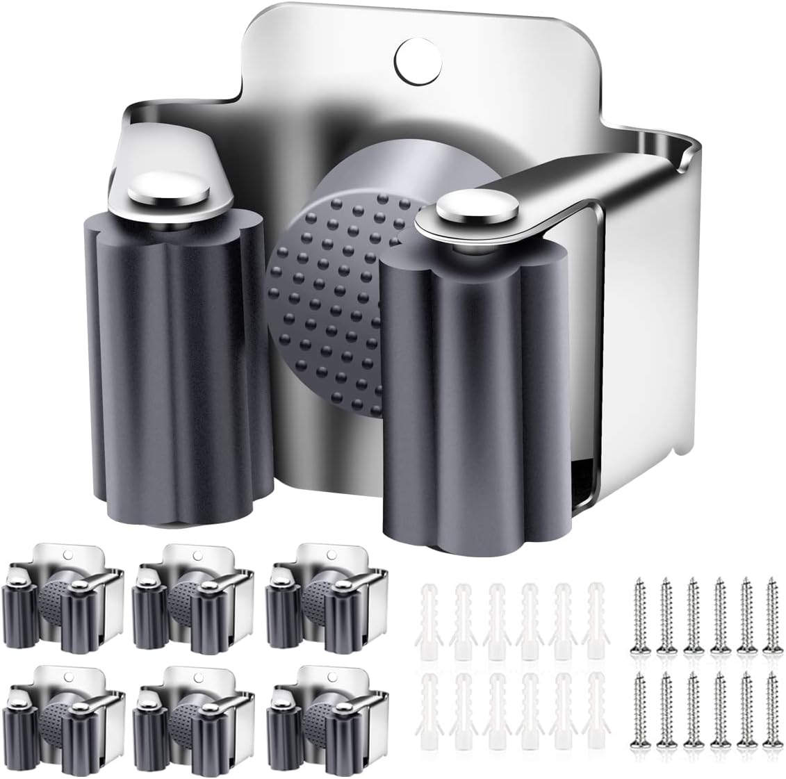 Verdenu 10 Pack Broom Holder Wall Mount, Mop Holder Wall Mounted, Stainless Steel Command Broom Holder with Screws, Garden Tool Rack Wall Mount for Kitchen, Home, Bathroom, Garage Storage, Black